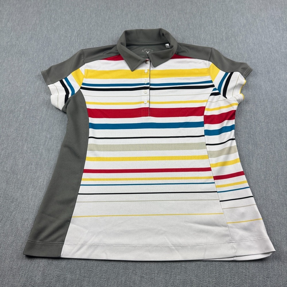 Callaway Polo Shirt Womens Large White Green Striped Short Sleeve Golf Athletic